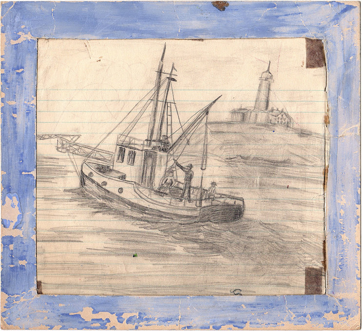 Boat with Lighthouse, pencil drawing at 12 yrs